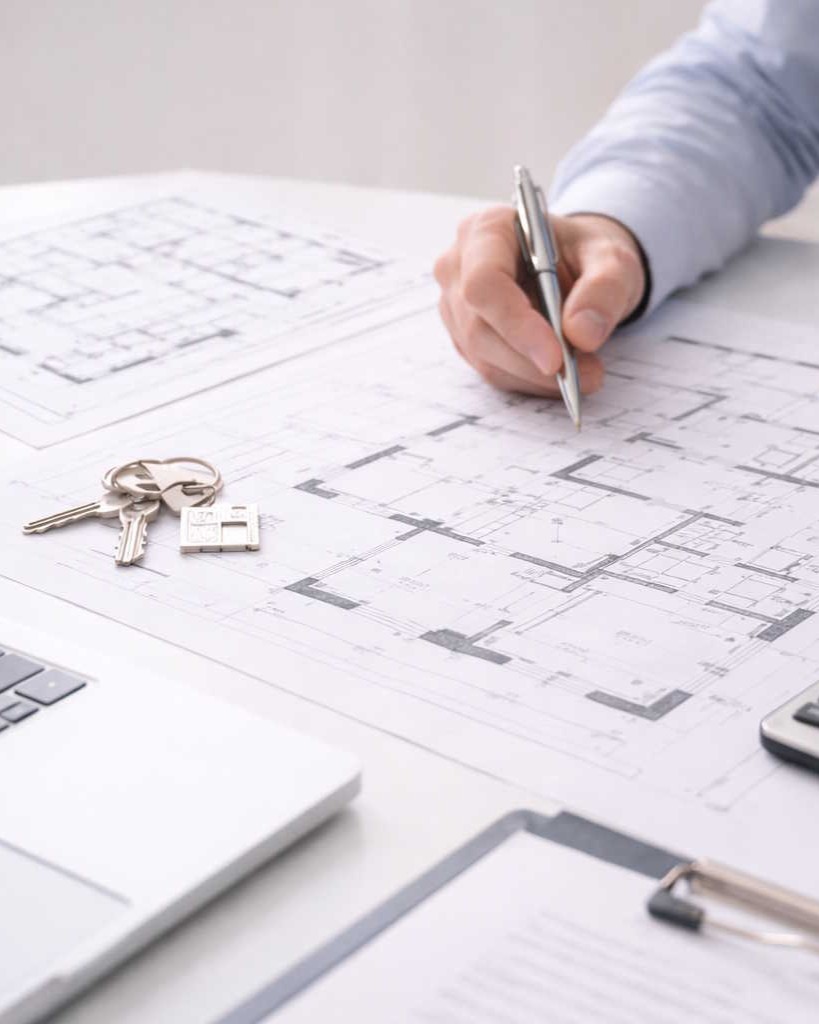 Hand zeichnet auf einem Architekturplan, daneben liegen Schlüssel auf dem Tisch