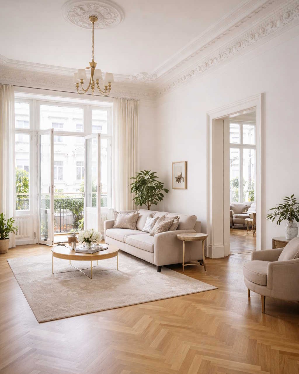 Helles Wohnzimmer in einem Altbau mit Stuckdecke, Sofa, Sesseln und Balkonfenster.