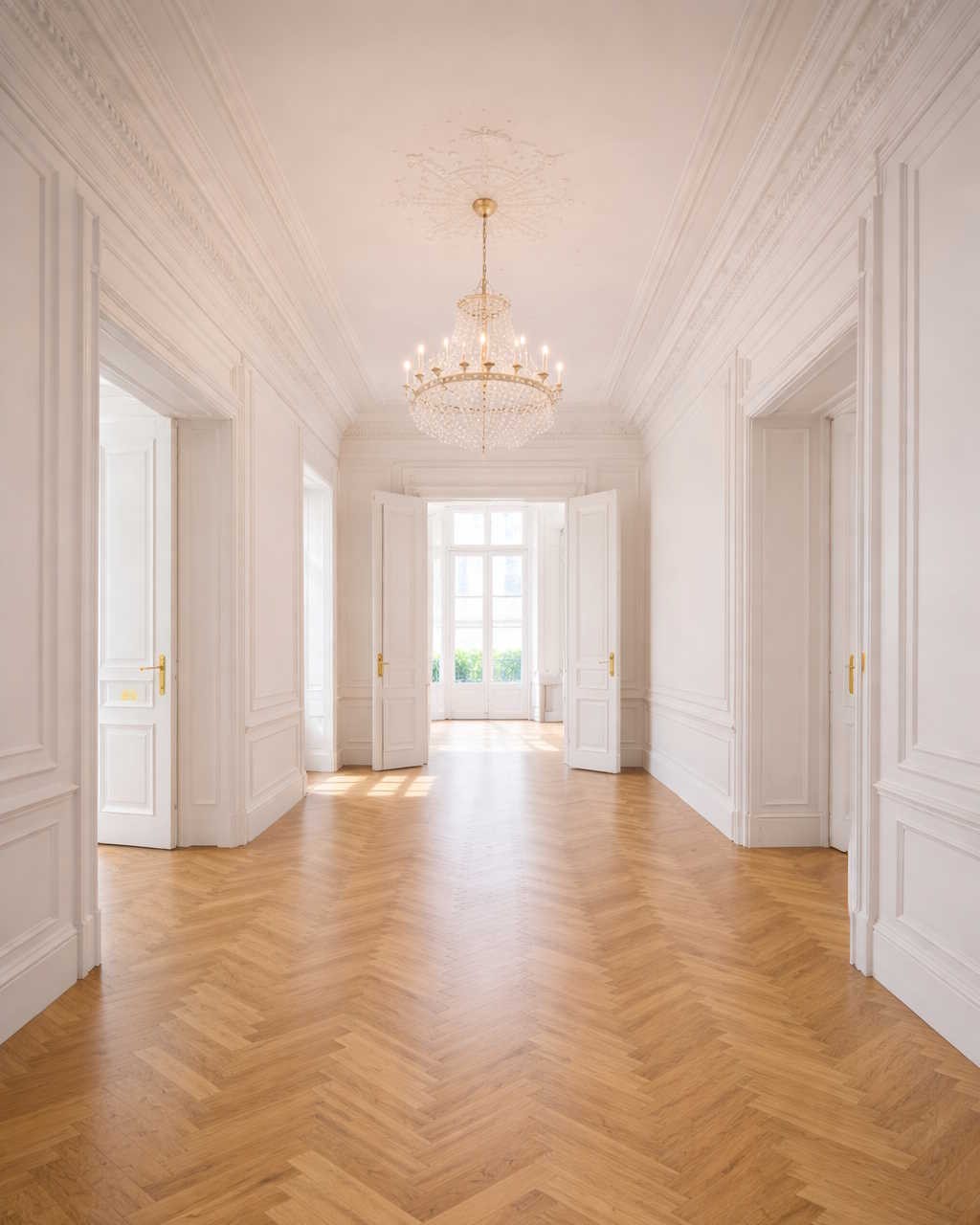 Heller, eleganter Flur mit Parkettboden mit eine Kronenleuchter