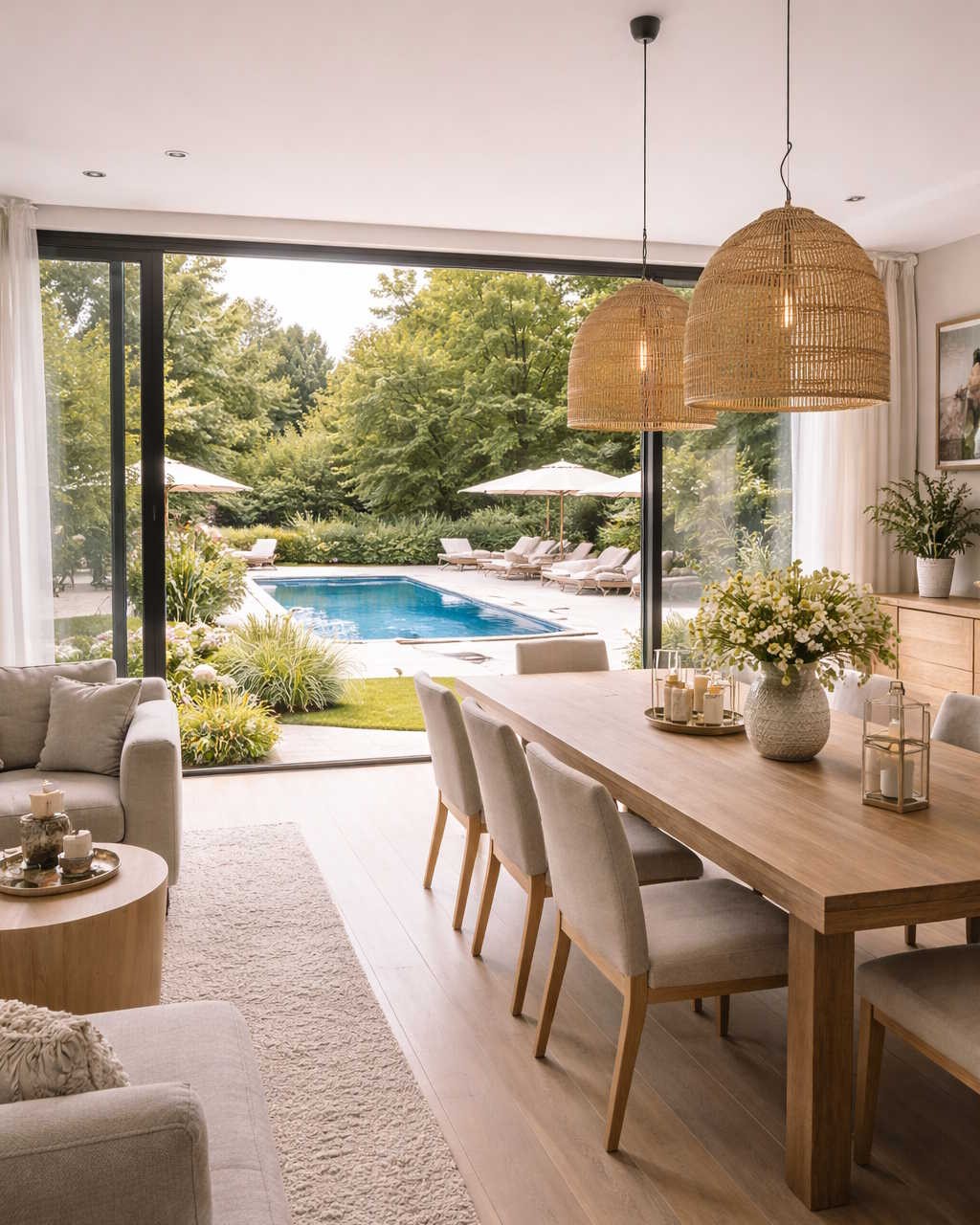 Modernes, lichtdurchflutetes Esszimmer mit Holztisch und Korb-Pendelleuchten, das durch eine große Glasfront direkt auf eine Terrasse mit Swimmingpool und Garten blickt.