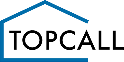 Schwarzes Topcall Schrift in einem Blaue Haus Form eingerahmt 